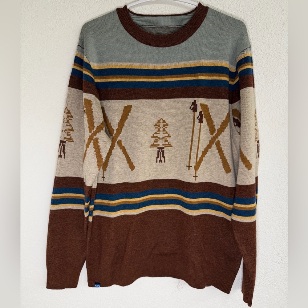 KAVU Graphic Knit Crewneck Sweater Ski Lodge Outdoor Pullover Size Medium EUC
